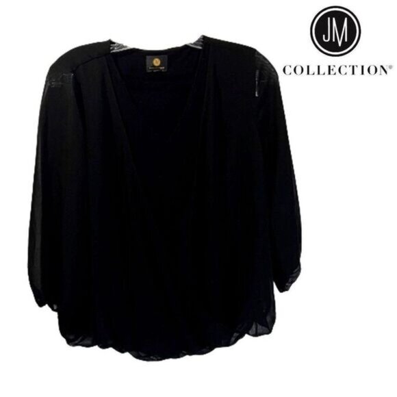 JM Collection Women's V-neckline Mesh Trim Long Sleeves Pullover‎ Blouse - Picture 1 of 5